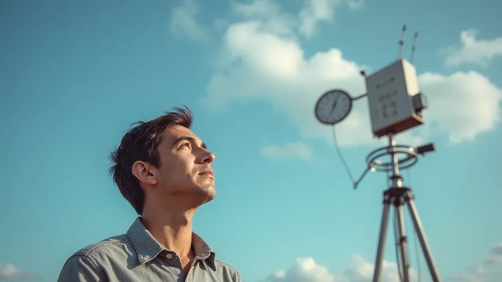 Person observing clouds with weather station
