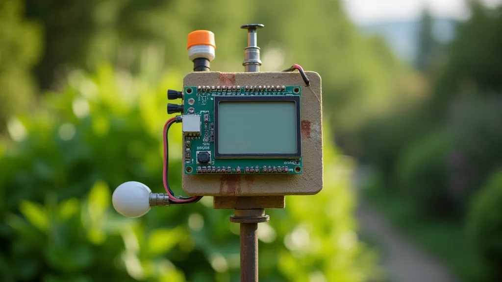 A homemade weather station in a garden