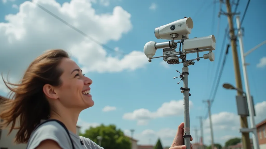 Person looking at a weather station with a smile.