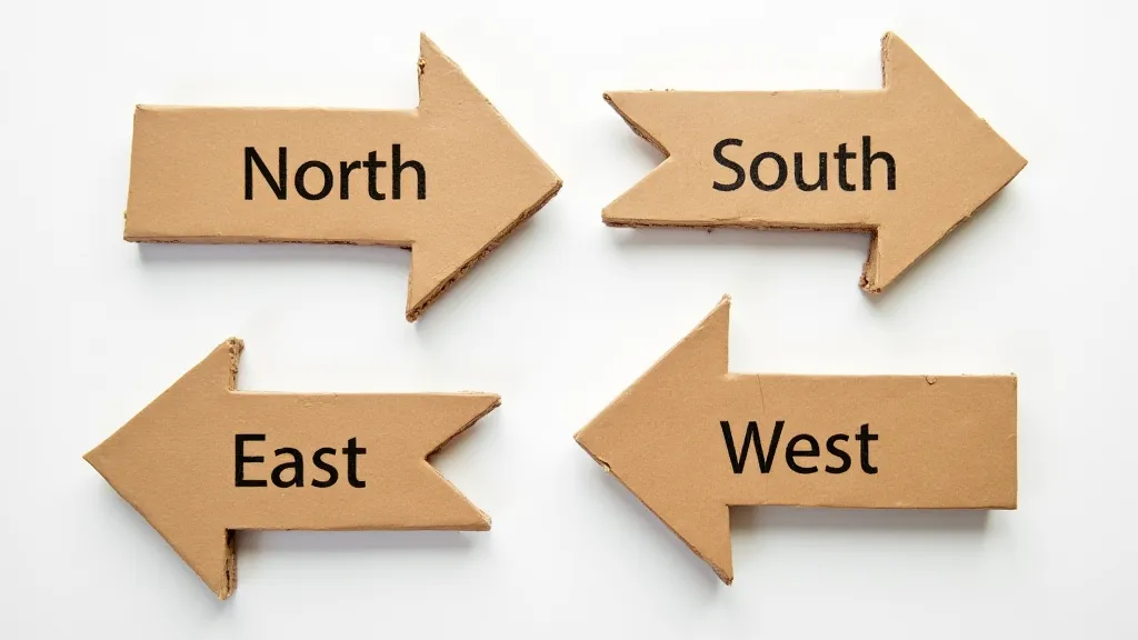 Cardboard arrows representing North, South, East, and West.